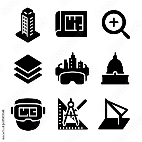 VR Architecture Icons. Solid, filled icons set of architectural sightseeing in VR: 3D skyscraper model,