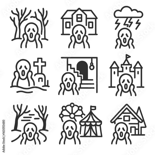 Scream Scene Icons. Outline icon set of scream scenes: dark forest, abandoned house, stormy night, graveyard, creepy basement,