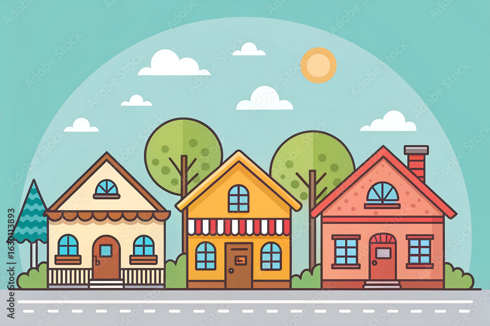 Fototapeta premium Charming row of colorful houses with trees and sunny sky