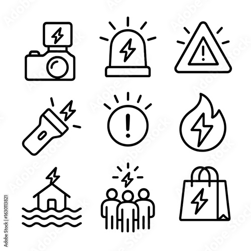 Flash Usage Icons Grid. Outline icon set of flash usage scenarios: photography flash, emergency flash, warning flash, signal flash