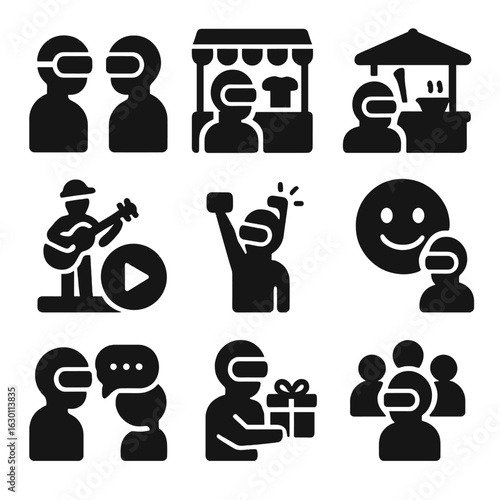 VR Tourist Icons. Solid, filled icons set of tourist interaction zones in VR: meetup avatar, digital souvenir