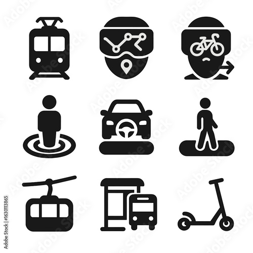 VR Transport Icons. Solid, filled icons set of VR transportation modes: virtual tram, interactive subway map,