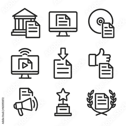 Script Distribution Icons. Outline icon set of script distribution: publishing house, online platform, DVD, streaming, download,