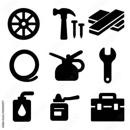 Wagon Repair Icons. Solid, filled icons set of wagon repair: wagon wheel, hammer, nails, wood planks, metal