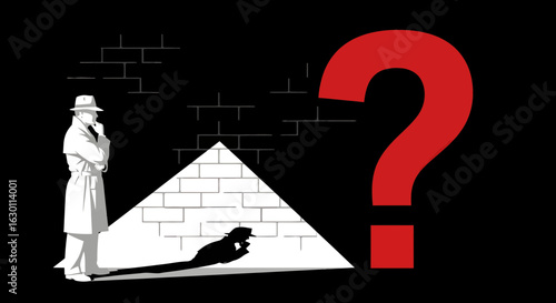 Intrigued detective silhouette contemplating a mysterious pyramid structure next to a giant red question mark, symbolizing enigma
