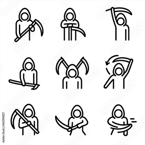 Scythe and Hood Icons. Outline icon set of scythe gestures: holding scythe, resting scythe, scythe raised, scythe lowered, dual