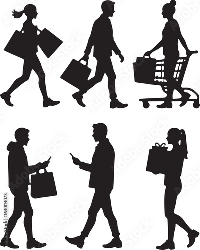 People shopping silhouettes with bags and cart