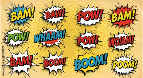 Dynamic comic book sound effect bursts BAM POW WHAM BOOM POOM WOAM creating a powerful visual narrative for action scenes and retro designs