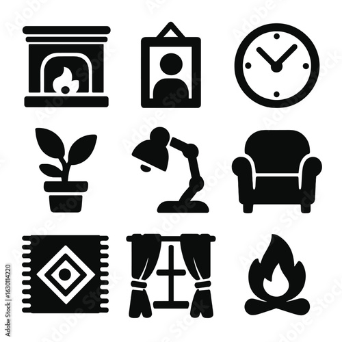 Warm Room Icons. Solid, filled icons set of warm and inviting room: fireplace mantel, framed photo, wall clock