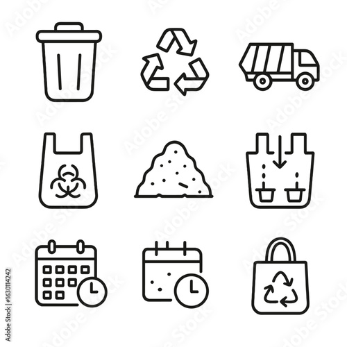 Waste Management Icons. Outline icon set of residential waste management: trash bin, compost bin, recycling