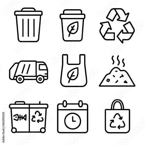 Waste Management Icons. Outline icon set of residential waste management: trash bin, compost bin, recycling