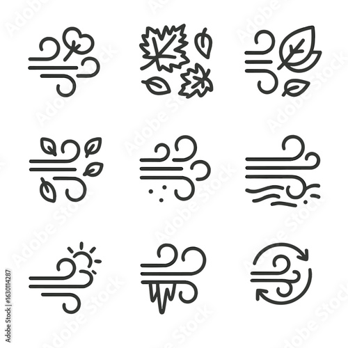 Seasonal Wind Icons. Outline icon set of wind in seasons: spring, autumn, changing leaves, snow drift, blowing sand, summer breeze