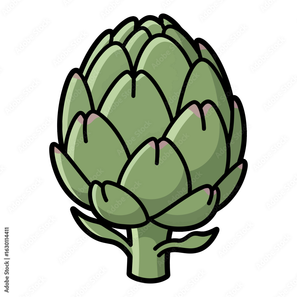 Obraz premium A vibrant cartoon illustration of a fresh whole green artichoke, a healthy raw vegetable ingredient for cooking.