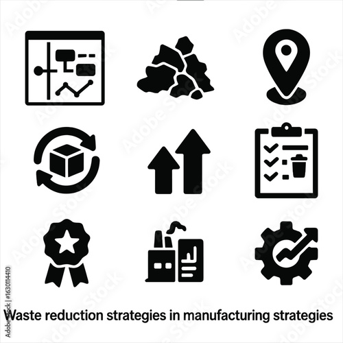 Waste Reduction Icons. Solid, filled icons set of waste reduction strategies in manufacturing: production