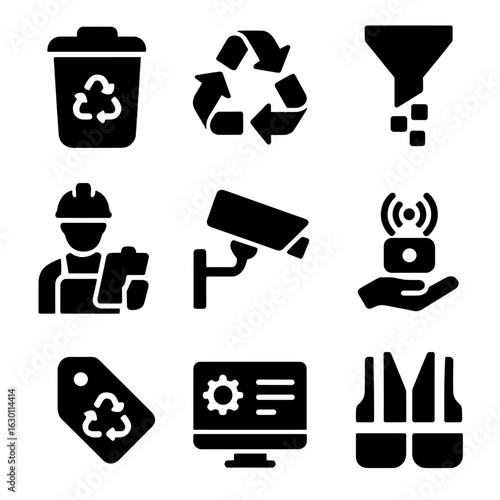 Waste Sorting Icons. Solid, filled icons set of waste sorting stations in factories: labeled bin, sorting