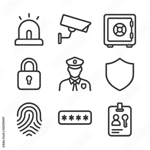 Security Icon Set. Outline icon set of possession security: alarm bell, CCTV camera, vault, padlock, guard, shield, fingerprint,