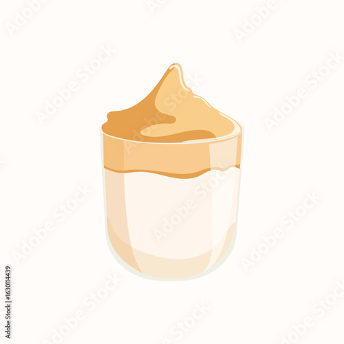 Dalgona Coffee Vector Illustration, Whipped Coffee Drink in Glass Cup, Minimalist Style Beverage Art