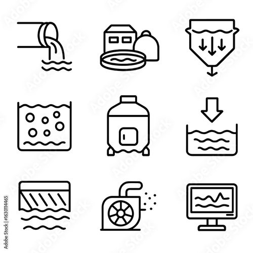 Wastewater Treatment Icons. Outline icon set of sewage and wastewater treatment: sewage pipe, treatment plant,