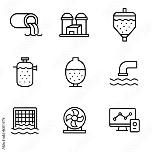 Wastewater Treatment Icons. Outline icon set of sewage and wastewater treatment: sewage pipe, treatment plant,