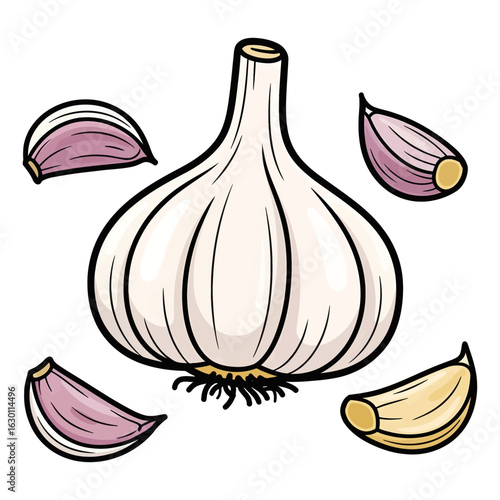 A vibrant cartoon illustration of a fresh garlic bulb and cloves. A pungent and healthy vegetable ingredient for cooking.