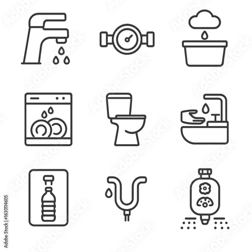 Water Conservation Icons. Outline icon set of water conservation: low-flow faucet, water meter, rainwater