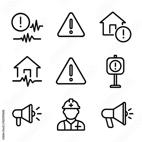 Seismic Alert Icon Set. Outline icon set of seismic alert levels: watch, warning, emergency, normal, precaution, evacuation,