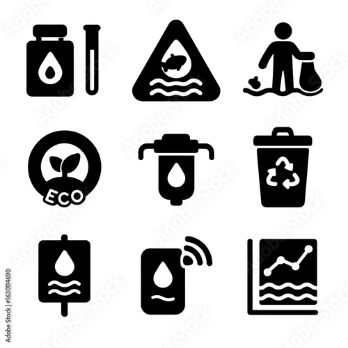 Water Conservation Icons. Solid, filled icons set of water monitoring and conservation: water test kit,