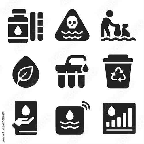 Water Conservation Icons. Solid, filled icons set of water monitoring and conservation: water test kit,