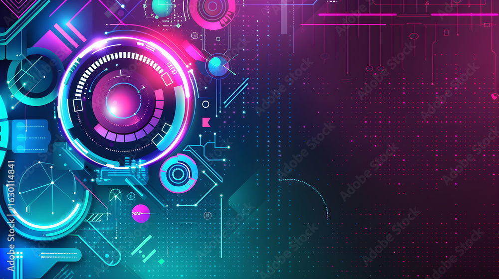 Obraz premium Vibrant abstract technological background with glowing circular elements and geometric patterns representing data and innovation.