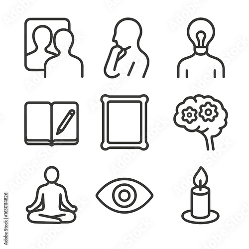 Self-Reflection Icon Set. Outline icon set of self-reflection symbols: silhouette in mirror, person thinking, journal, light bulb