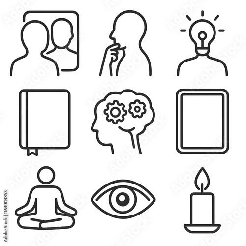 Self-Reflection Icon Set. Outline icon set of self-reflection symbols: silhouette in mirror, person thinking, journal, light bulb
