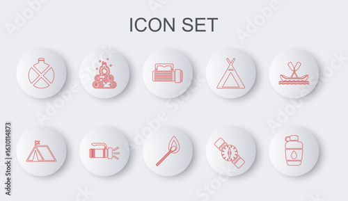 Set line Canteen water bottle, Tourist tent with flag, Flashlight, Compass, Campfire, and Burning match icon. Vector