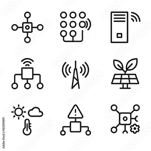 Sensor Icon Grid. Outline icon set of sensor clusters: IoT nodes, sensor arrays, data collectors, gateway hubs, signal