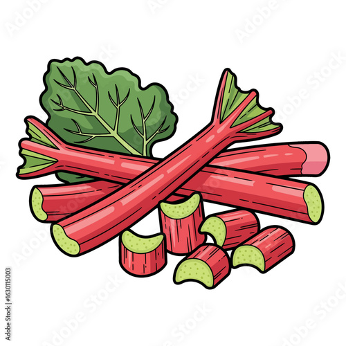 Cartoon vector illustration of fresh garden rhubarb. Whole and sliced stalks ready for cooking or baking, isolated on white.