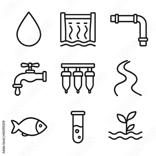 Water Resource Icons. Outline icon set of water resource management: water drop, dam, pipe, faucet, filtration