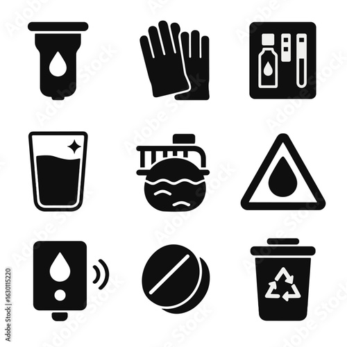 Water Safety Icons. Solid, filled icons set of water safety measures: water filter, protective gloves, test