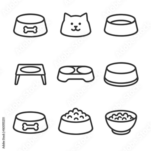 Outline Icon Sets. Outline icon set of pet food bowls: dog bowl, cat bowl, water dish, food with paw print, elevated bowl stand,
