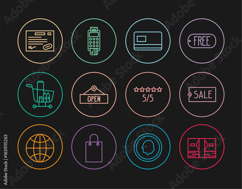 Set line Stacks paper money cash, Credit card, Hanging sign Open, Shopping cart and food, Warranty certificate template, Consumer or customer product rating and POS terminal credit icon. Vector
