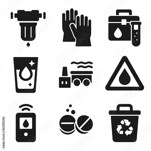 Water Safety Icons. Solid, filled icons set of water safety measures: water filter, protective gloves, test