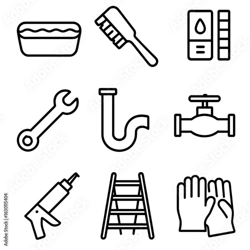 Water Trough Maintenance Icons. Outline icon set of water trough maintenance: trough, brush, water test kit,