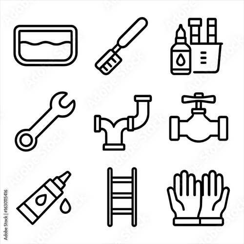 Water Trough Maintenance Icons. Outline icon set of water trough maintenance: trough, brush, water test kit,