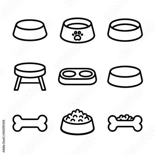 Outline Icon Sets. Outline icon set of pet food bowls: dog bowl, cat bowl, water dish, food with paw print, elevated bowl stand,