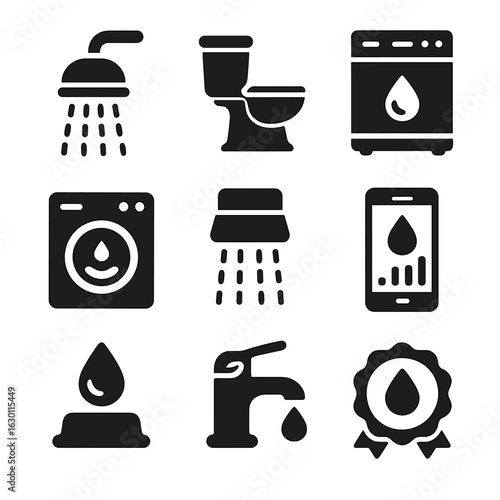 Water-Saving Appliance Icons. Solid, filled icons set of water-saving home appliances: low-flow showerhead,