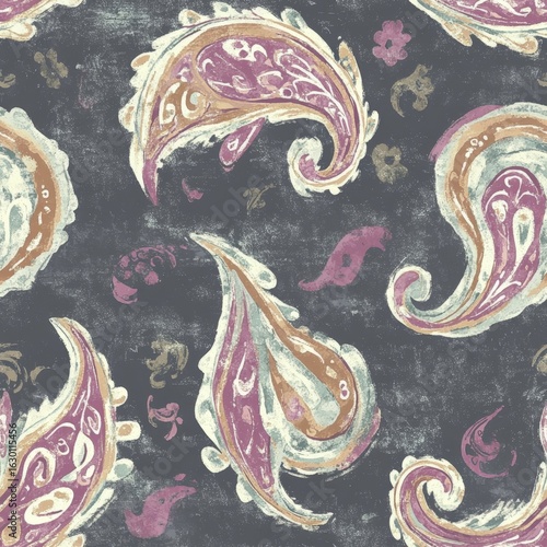 A pattern of paisley designs with a purple and brown color scheme