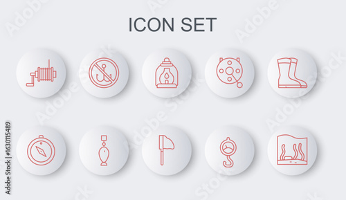 Set line Aquarium, Compass, Camping lantern, Spring scale, Spinning reel for fishing, No, Fishing spoon and net with icon. Vector