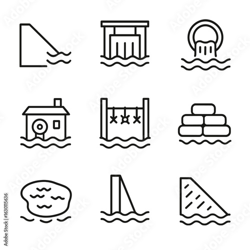 Flood Prevention Icons. Outline icon set of flood prevention infrastructure: levee, floodgate, drainage pipe, pumping station,