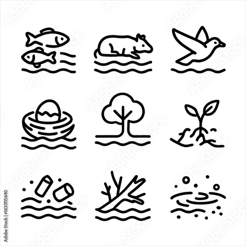 Flood Impact Icons. Outline icon set of flood impact on wildlife: fish swimming, stranded animal, bird flying, damaged nest,