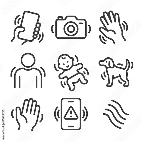 Shake Gesture Icons. Outline icon set of shake gestures: smartphone shake, camera shake, hand wave, body tremble, shaking baby,