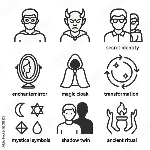 Shapeshifting Icon Set. Outline icon set of shapeshifting in storytelling: hero disguise, villain form, secret identity, enchanted