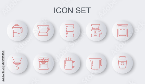 Set line Coffee cup to go, V60 coffee maker, Pour over, pot, French press, machine and icon. Vector